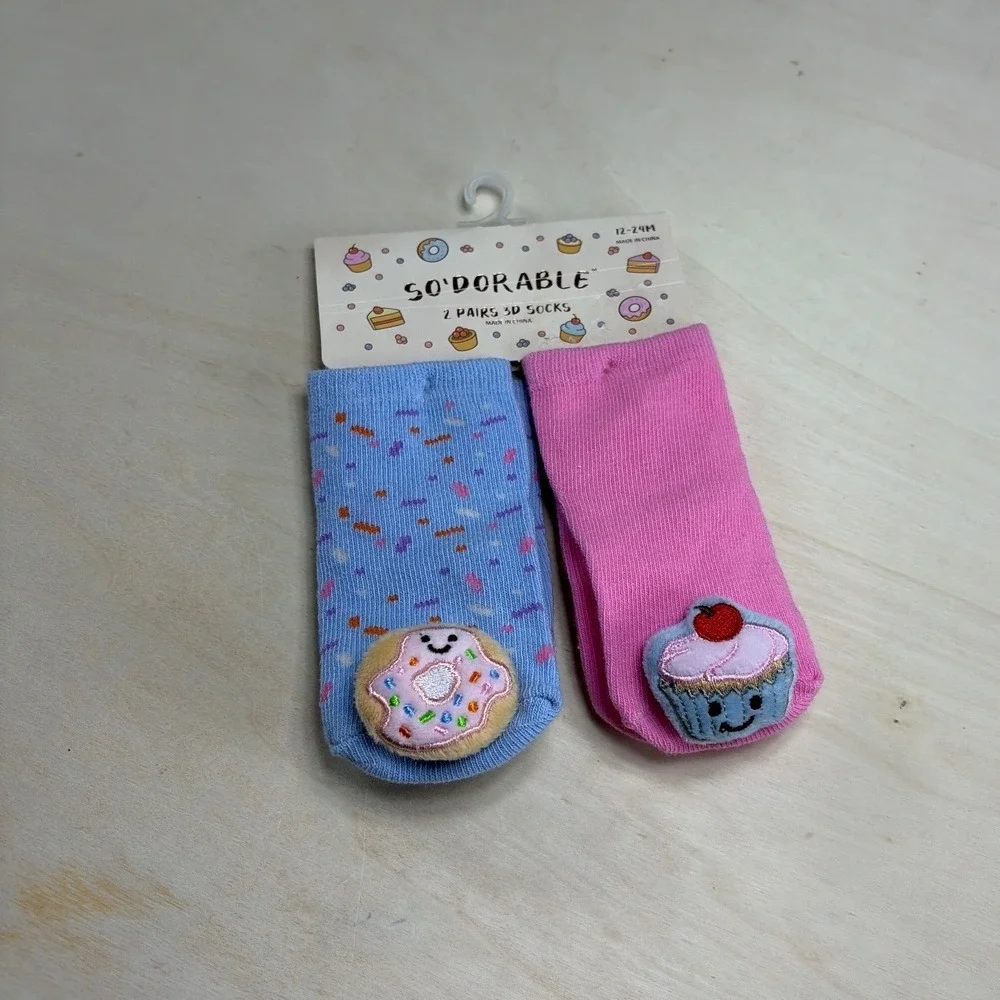 So'Dorable 2 Pairs 3D Socks Infant 12-24M Blue Donut Pink Cupcake Booties NEW